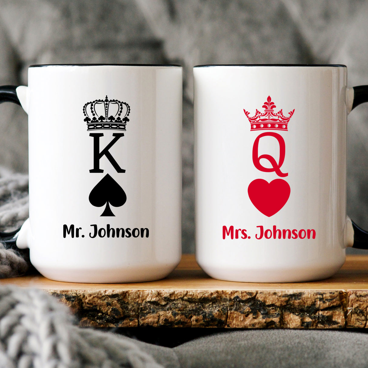 Matching couples mug set for wedding or anniversary gift. Personalized coffee mugs with custom name.
